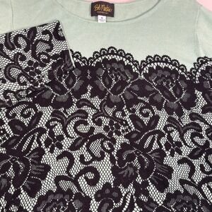 Bob Mackie Wearable Art Black Lace Print Sage Green Knit Tunic Top‎ Womens XL